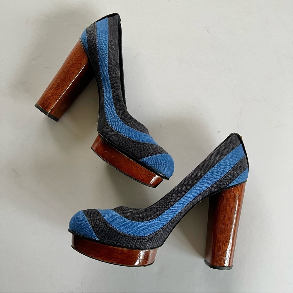 Tory Burch Joelle Blue Striped Wood Platform Wood Heel Fabric Pumps